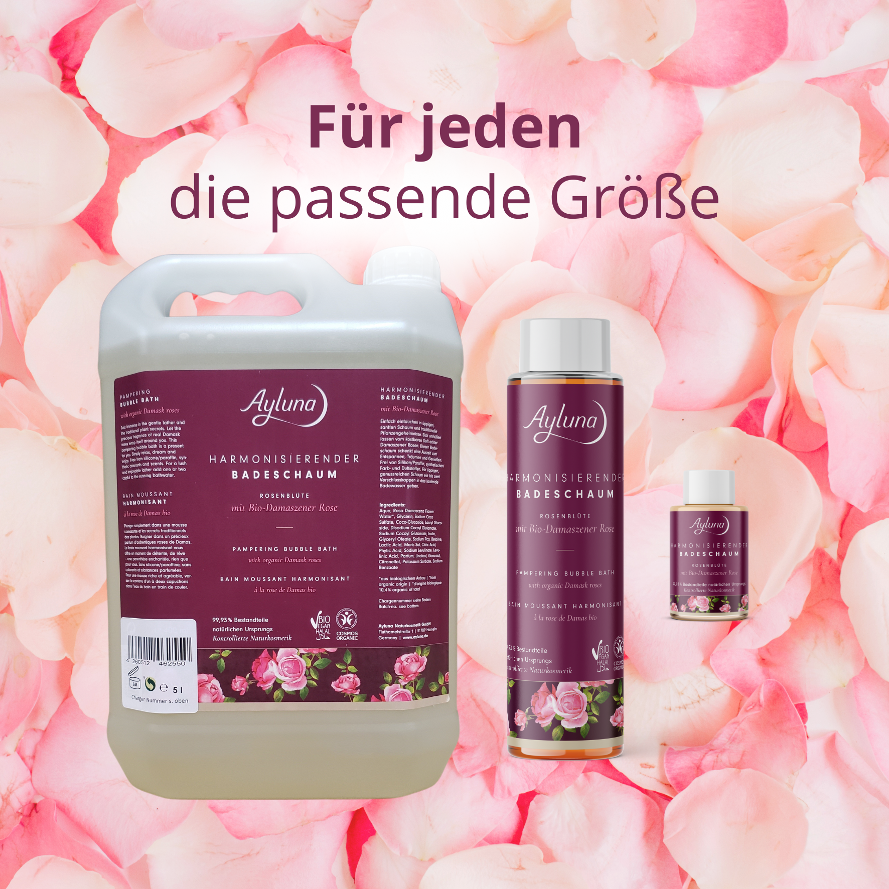 Harmonischer Badeschaum Rosenblüte von Ayluna Naturkosmetik in 3 Größen.